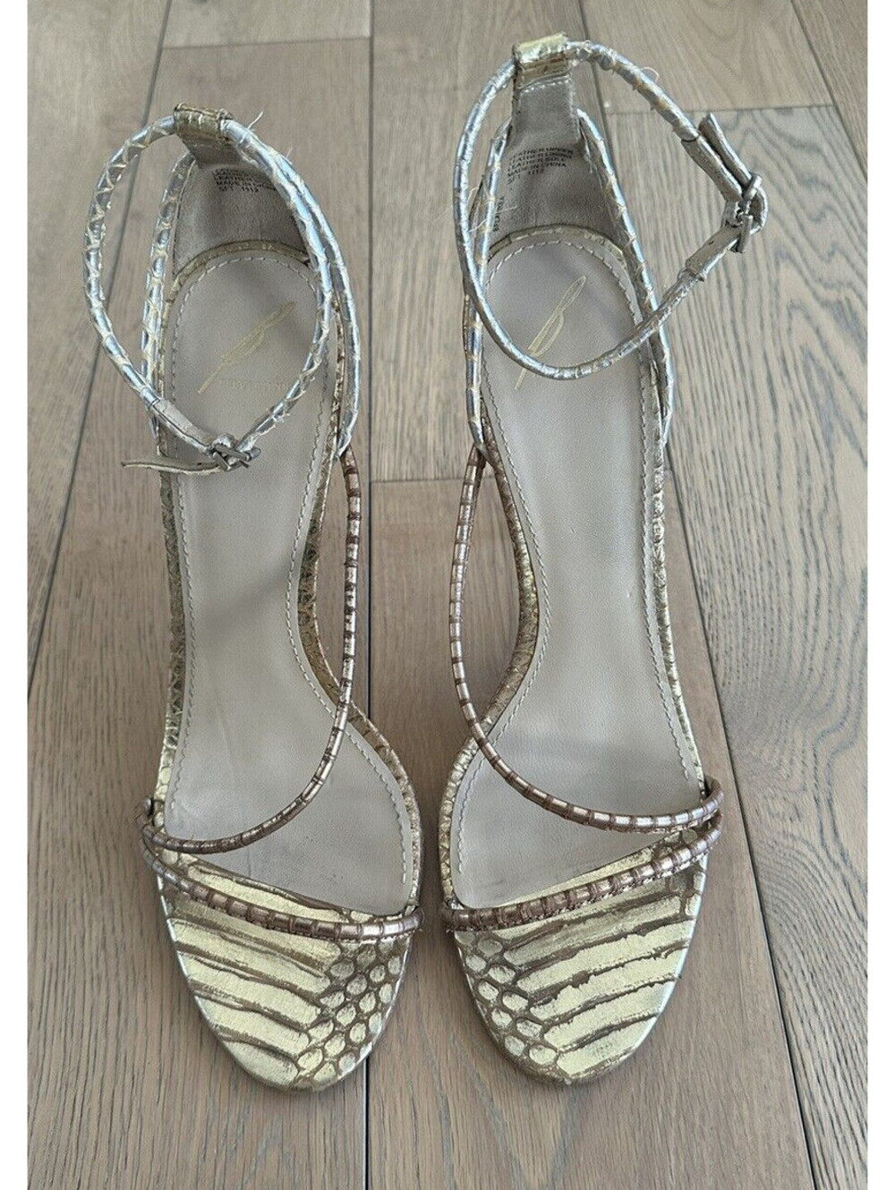 Brian Atwood Womens Strappy Gold Snake Animal Print Sandals Heels Sz 10